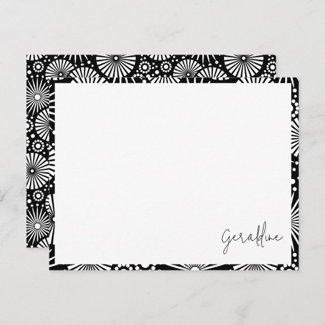 Cartão De Notas Elegant Black White Geometric Starburst Name  (Frente/Verso)