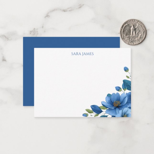 Cartão De Notas Elegant Blue Floral Personal Stationery Note Card (Frente/Verso In Situ)