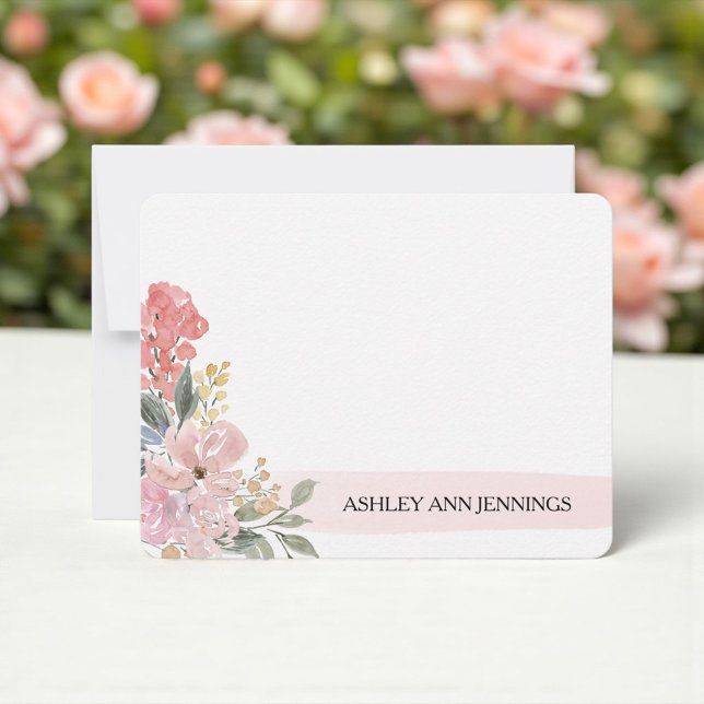Cartão De Notas Elegant Blush Floral Pink Personalized (Blush floral watercolor personalized notecard with elegant bouquet)