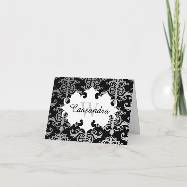 Cartão De Notas Elegant damask pattern monogram (Frente)