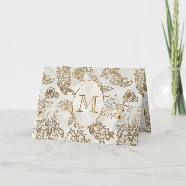 Cartão De Notas Elegant Gold Faux Marble Monogram (Frente)