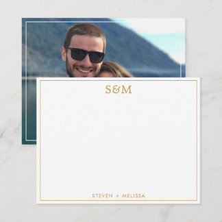 Cartão De Notas Elegant Gold Monogram Initials Couple Name Photo 