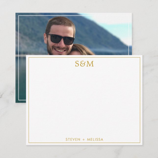 Cartão De Notas Elegant Gold Monogram Initials Couple Name Photo  (Frente/Verso)