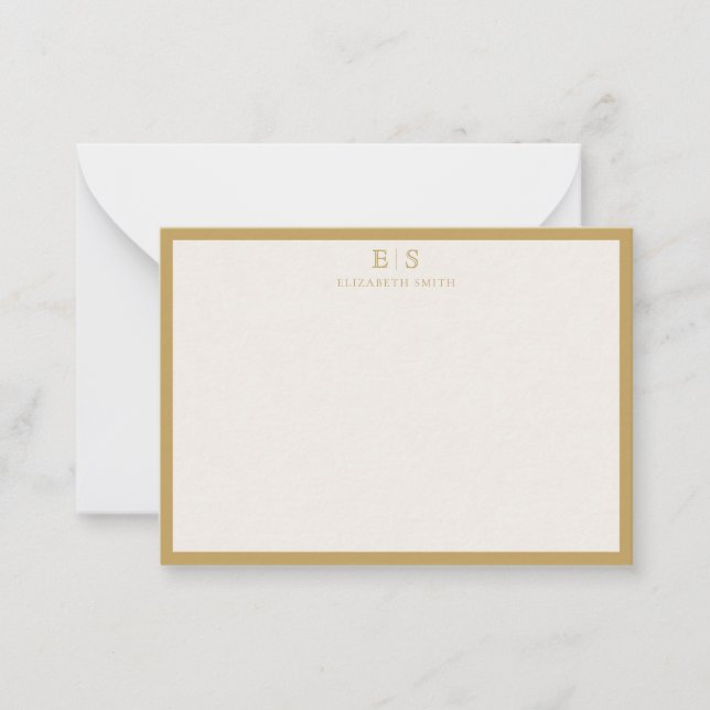 Cartão De Notas Elegant Ivory Gold Border Monogram (Frente)