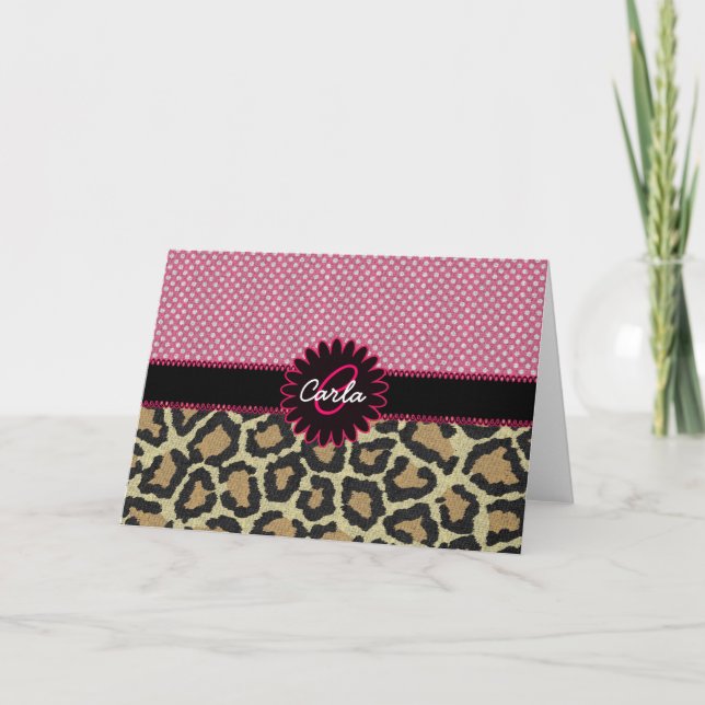 Cartão De Notas Elegant Leopard Print and Polka Dot Monogram (Frente)