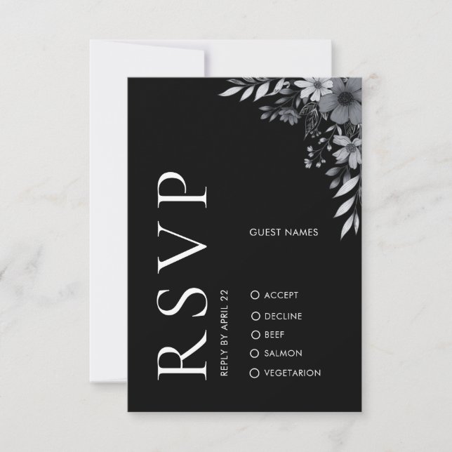 Cartão De Notas Elegant Modern Black Floral Wedding RSVP Card (Frente)