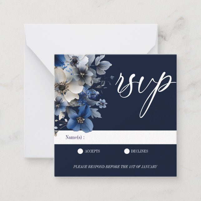 Cartão De Notas Elegant Navy Blue Floral RSVP (Frente)