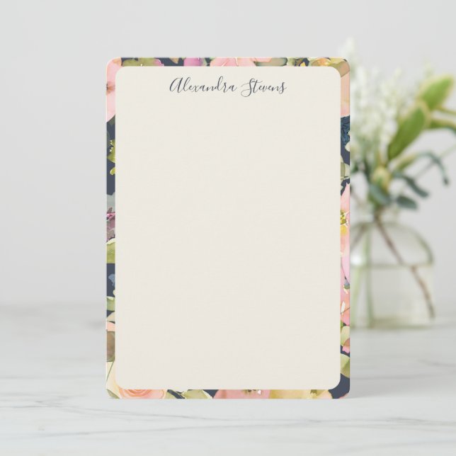 Cartão De Notas Elegant Navy Blush Floral Personalized Script Name (Em pé/Frente)