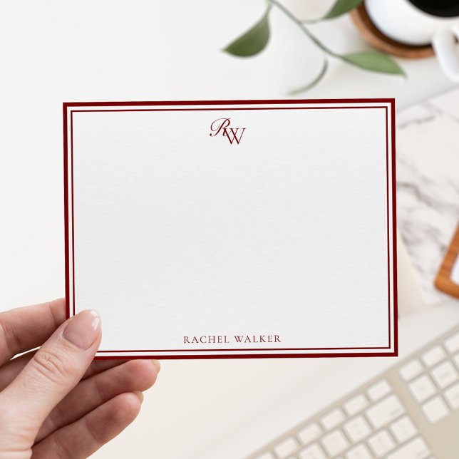 Cartão De Notas Elegant Red Monogram Two Border (Criador carregado)