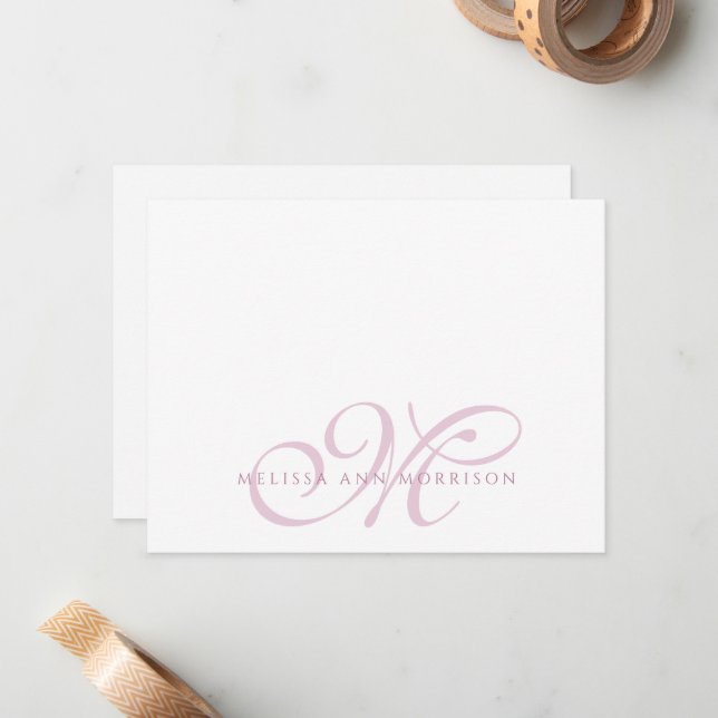 Cartão De Notas Elegant Script Name Pink Monogram Flat Note Card (Frente/Verso In Situ)