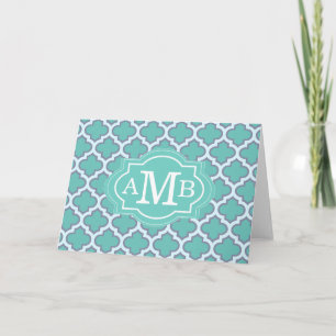 Cartão De Notas Elegant Teal Quatrefoil Pattern Custom Monogram