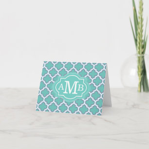 Cartão De Notas Elegant Teal Quatrefoil Pattern Custom Monogram