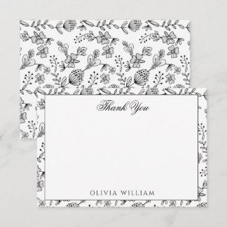 Cartão De Notas Elegante Boho Floral Preto e Branco Obrigado