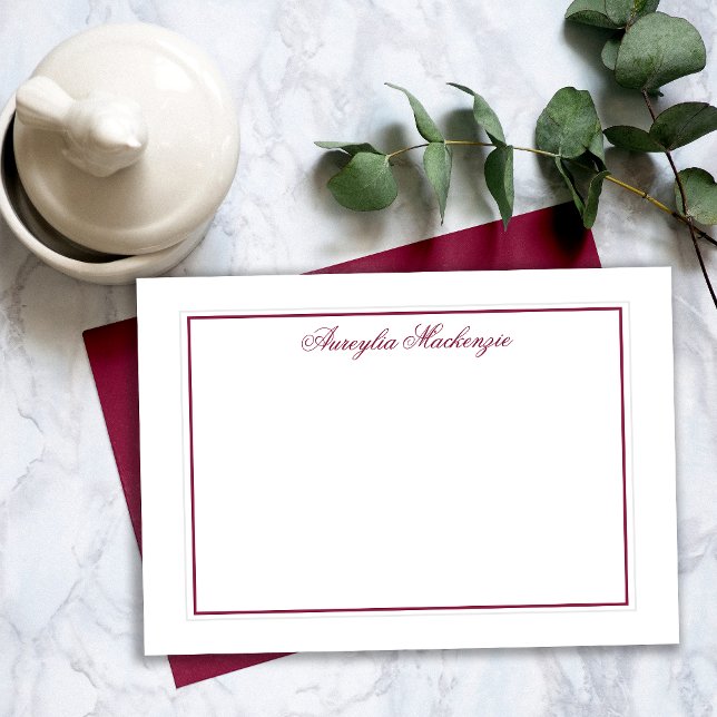 Cartão De Notas Elegante Borgonha e Branco Personalizado (Elegant Burgundy and White Personalized Note Card)