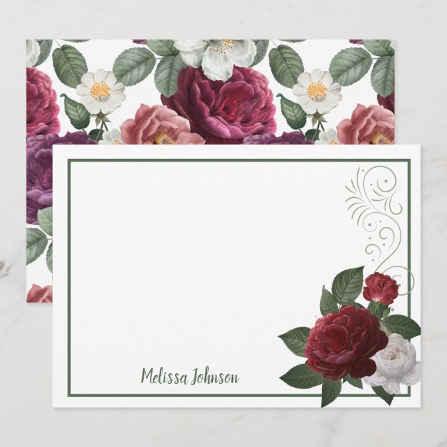 Cartão De Notas Elegante Burgundy e Rosas Florais Rosa (Frente/Verso)