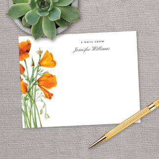 Cartão De Notas Elegante California Poppy Floral Vintage com Nome