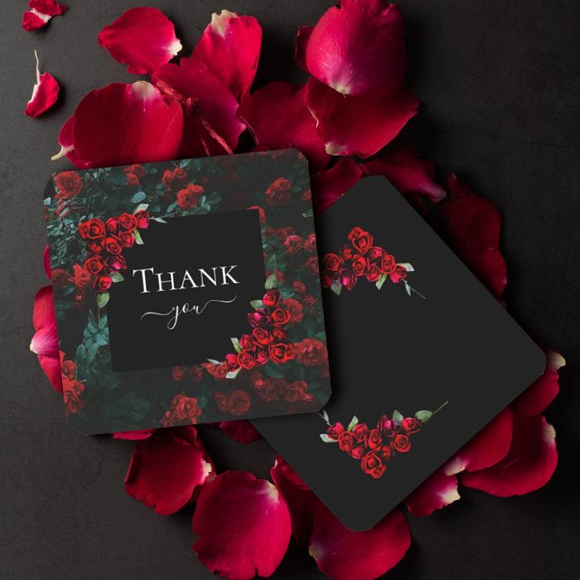 Cartão De Notas Elegante Chic Romântico Obrigado Rosas vermelhas F (#zazzlemade #roses #love #thankyoucard #valentine #script #calligrahpic #blackandred #redroses)