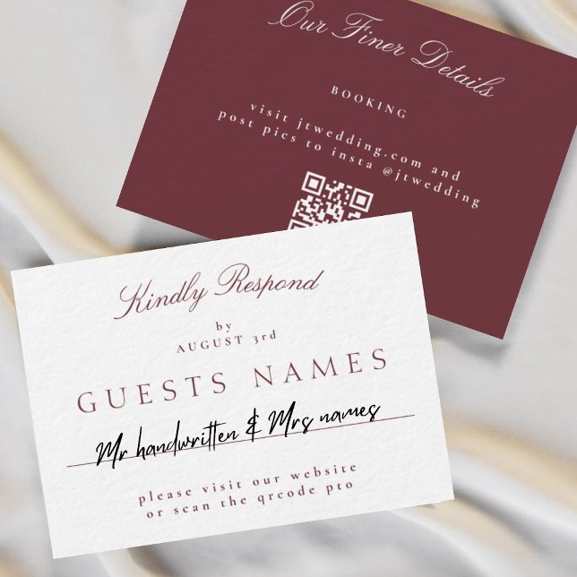 Cartão De Notas Elegante Clássico Burgundy Casamento QR CODE RSVP (Criador carregado)
