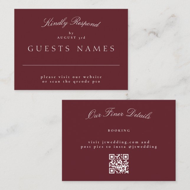 Cartão De Notas Elegante Clássico Casamento Maroon QR CODE RSVP (Frente/Verso)