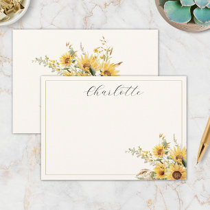 Cartão De Notas Elegante Floral de Girassol em Aquarela Rústica