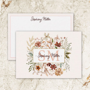 Cartão De Notas Elegante Monograma Aquarela Floral de Flores Silve
