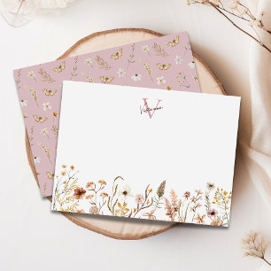 Cartão De Notas Elegante Monograma Boho Watercolor Floral