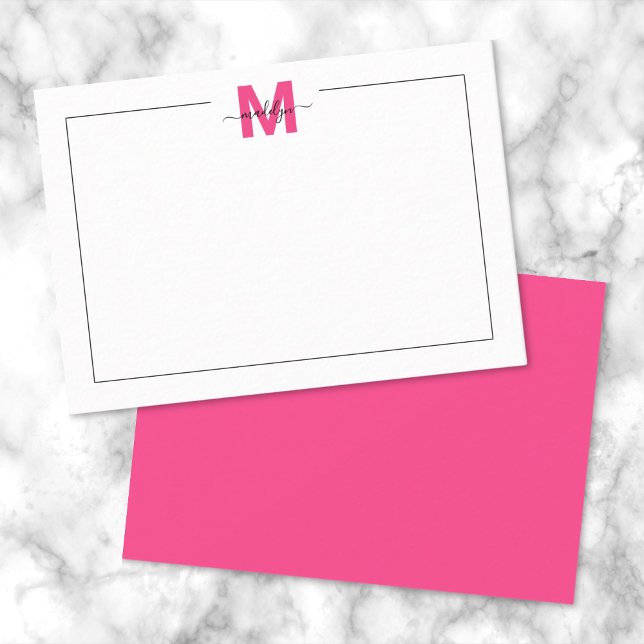 Cartão De Notas Elegante Monograma de Letra Cursiva Rosa Quente (Black Pink Script Name Monogram Note Card)