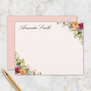 Cartão De Notas Elegante Monograma de Rosa Floral em Aquarela