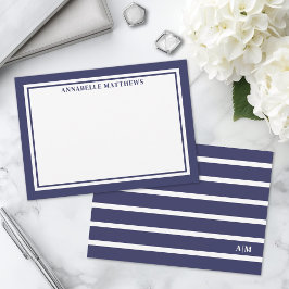 Cartão De Notas Elegante Monograma Listrado Azul Marinho