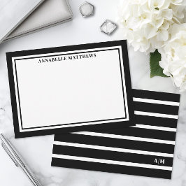 Cartão De Notas Elegante Monograma Listrado de Preto e Branco