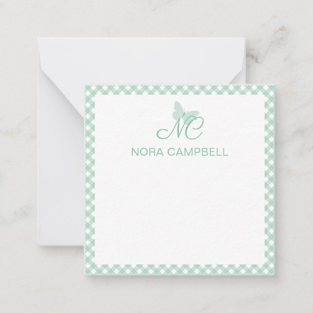 Cartão De Notas Elegante Monograma Mint Green Gingham Personalizad (Frente)