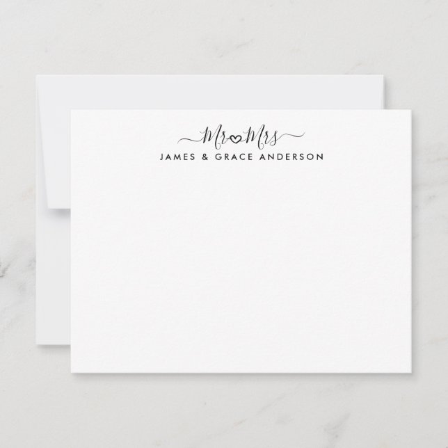 Cartão De Notas Elegante MR e SRA. Script Heart Wedding Newlyweds (Frente)