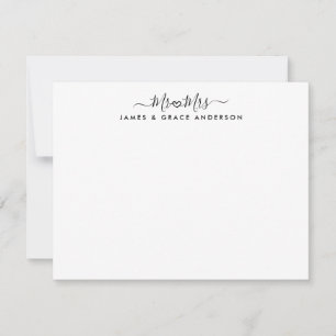 Cartão De Notas Elegante MR e SRA. Script Heart Wedding Newlyweds