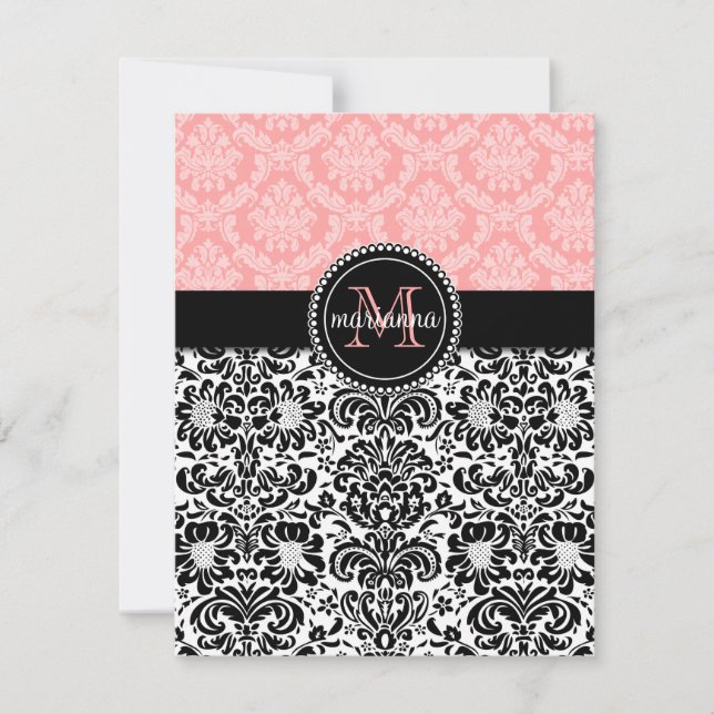Cartão De Notas Elegante Paris Baby Pink Black Damask Personalizad (Frente)