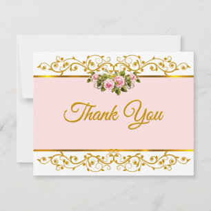 Cartão De Notas Elegante Rosa Cor-de-Rosa e Floral Dourado Obrigad