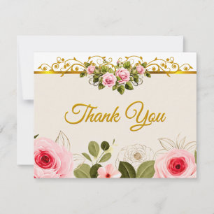 Cartão De Notas Elegante Rosa Floral e Dourado "Obrigado"