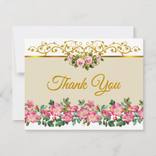Cartão De Notas Elegante Rosa Floral e Dourado "Obrigado"