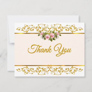 Cartão De Notas Elegante Rosa Floral e Dourado "Obrigado"