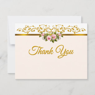 Cartão De Notas Elegante Rosa Floral e Dourado "Obrigado"