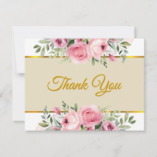 Cartão De Notas Elegante Rosa Floral e Dourado "Obrigado"