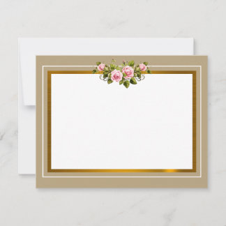 Cartão De Notas Elegante Rosa Floral e Moderno Contorno Dourado