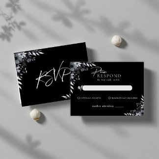 Cartão De Notas Elegante RSVP Floral Minimalista Preto para Casame