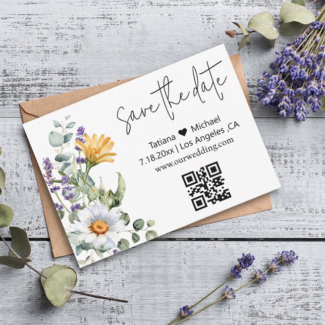 Cartão De Notas elegante salvação moderna data qr code wildflower (Criador carregado)