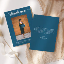 Elegante Script Blue Graduation Photo Obrigado