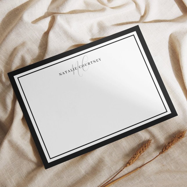 Cartão De Notas Elegante - Script Monograma Branco e Preto - Duas  (Criador carregado)