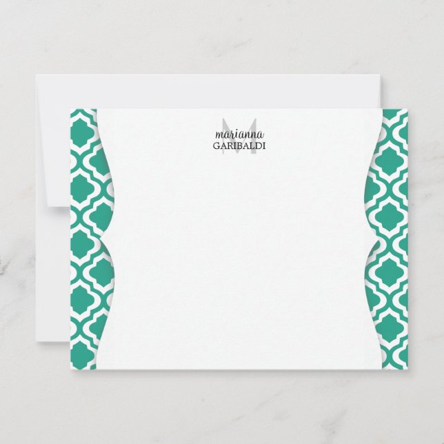Cartão De Notas Elegante Teal Marroquino Quatrefoil Personalizado (Frente)