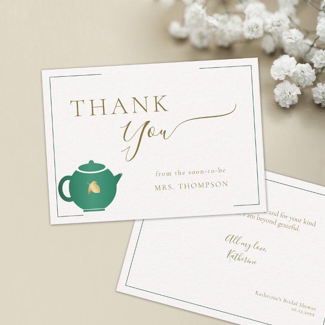 Cartão De Notas Emerald Dourado Tea Elegant Chá de panela Obrigado (emerald gold bridal tea party thank you note card future mrs modern frame simple classy elegant)