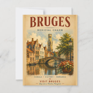 Cartão De Notas Encanto Medieval de Bruges Pôster de Viagem Vintag