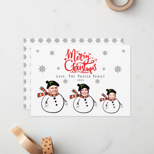 Cartão De Notas Enviar Foto Personalizada Snowmen Enfrenta Natal (Frente/Verso In Situ)