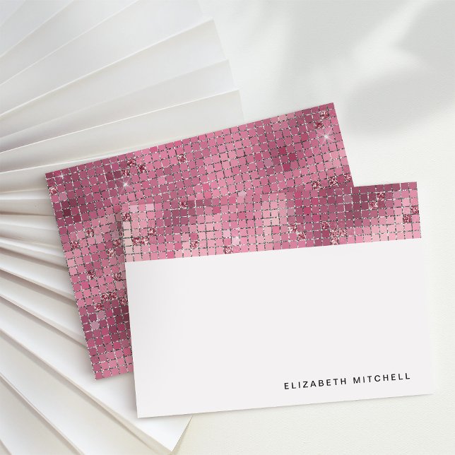 Cartão De Notas Espelho de esfera de disco rosa-escuro retrorrefle (Glam, disco-inspired note cards)